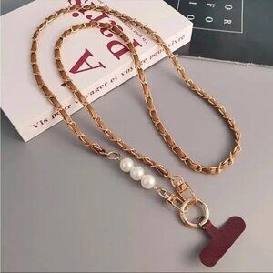 Tan Faux Pearl & Leather Chain Crossbody Phone Lanyard NEW